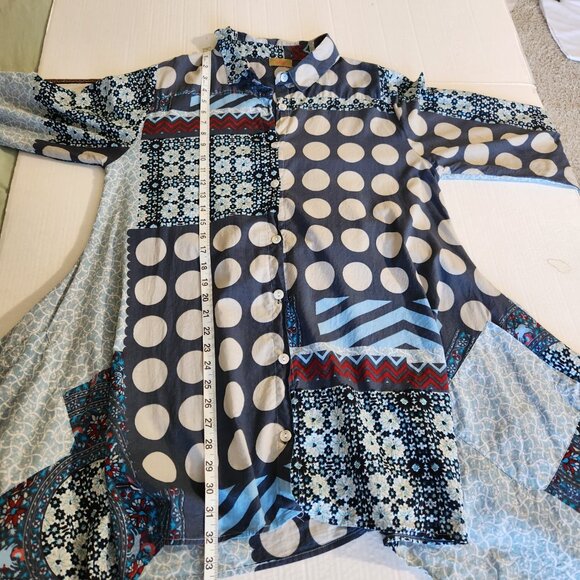 Tulip Women's Oversized Small Multi-Color Patchwork Asymmetric Button Tunic Top - Picture 12 of 15